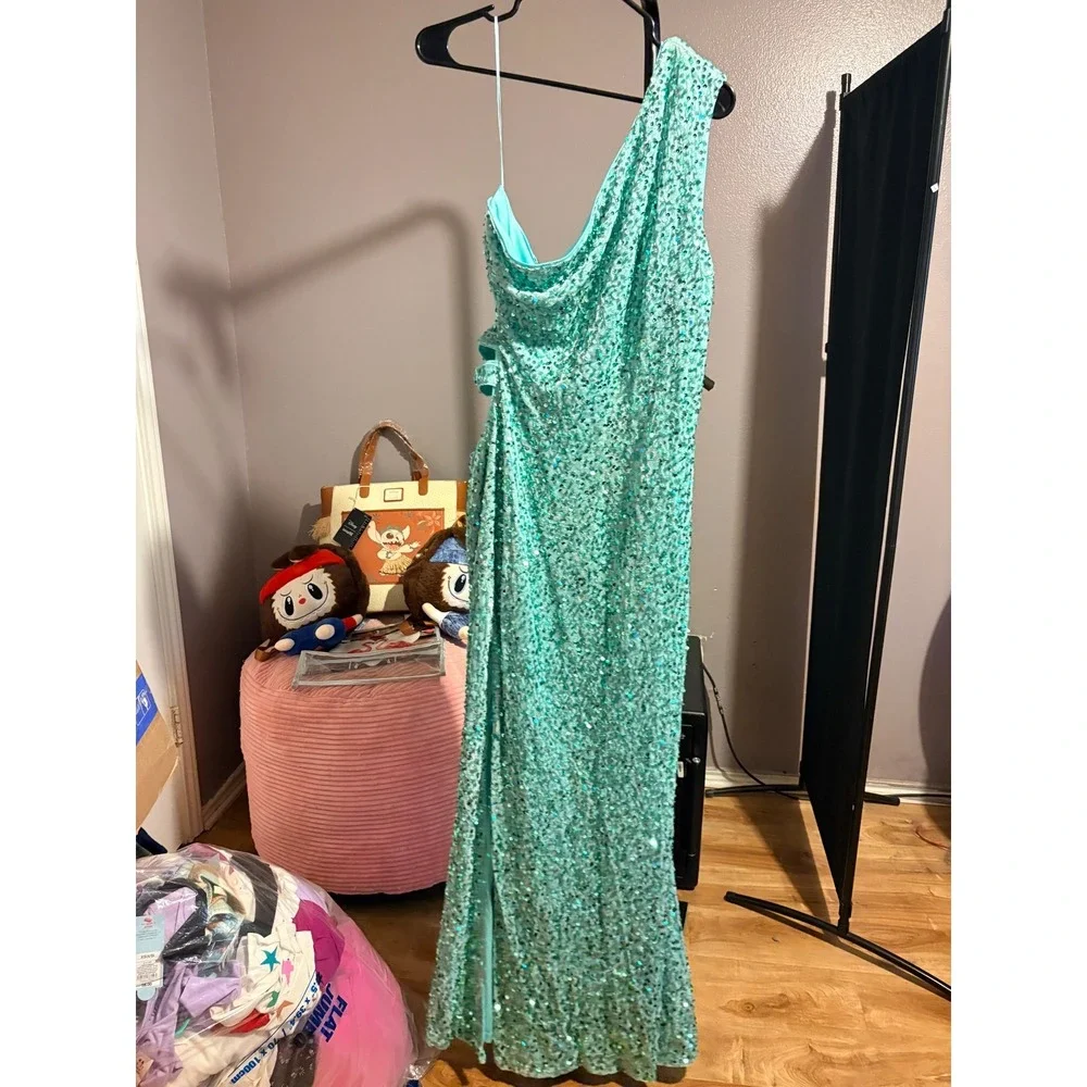 Turquoise Sequin Formal Gown Draped Sparkle Dress Sz XXL